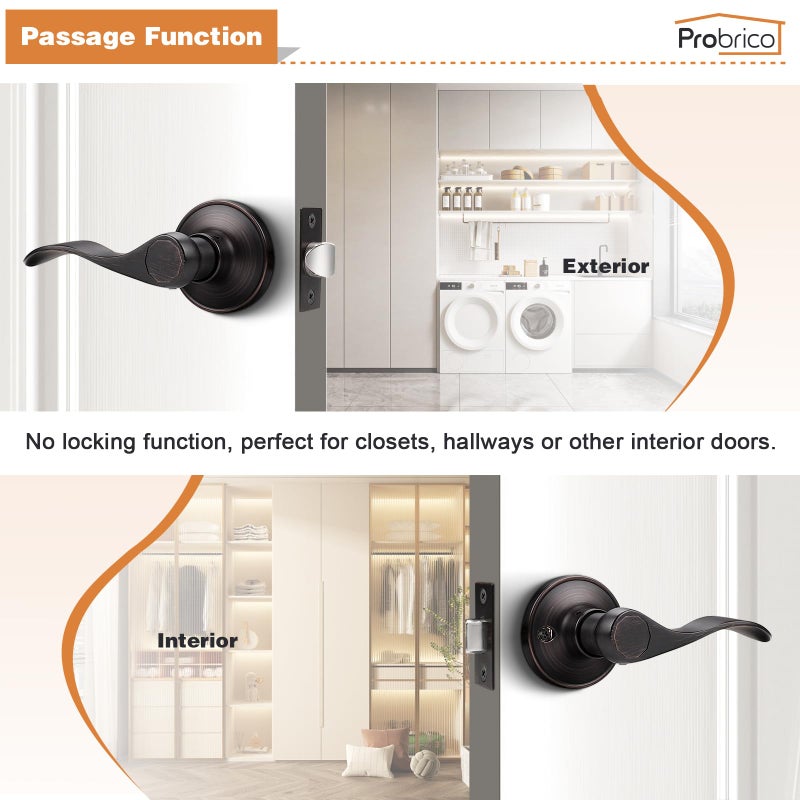 Probrico Passage Door Levers Oil Rubbed Bronze Passage Door Handles Wave Style Keyless Door Handles Closet Hallway Interior Door Handles, 1 Pack - Image 3